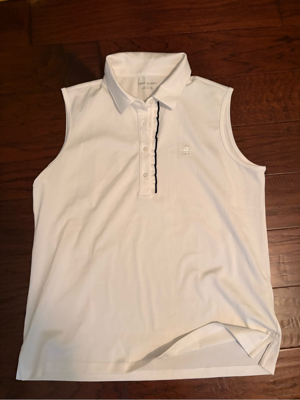 Tory Burch White Sleeveless Golf Top with Navy Ruffle